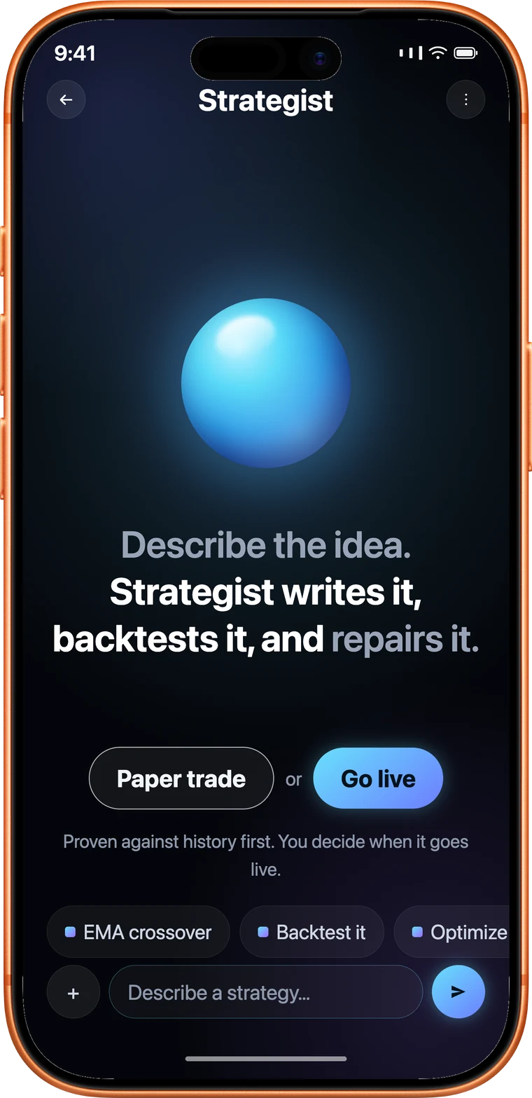 The Strategist chat screen: describe the idea, Strategist writes it, backtests it, and repairs it, with a Paper trade / Go live step